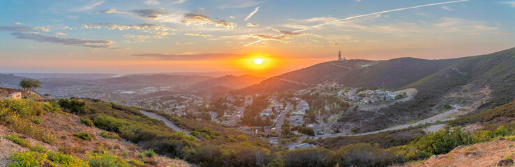 Panoramic view of a mountainside residential area at San Diego County in California