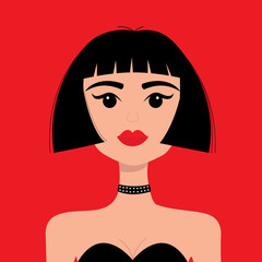Portrait of woman. Young girl face. Beautiful lady, female. Brunette bob cut hairstyle. Black hair. Avatar for social networks. Front view. Red lipstick makeup. Flat design. Red background.