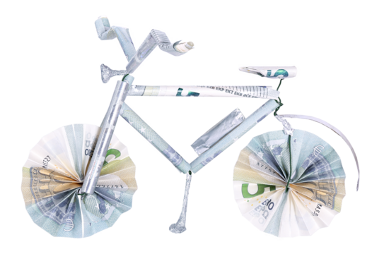 Electric bicycle made from banknotes, transparent background