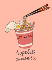 Postcard with kawaii instant noodles. Vector graphics.