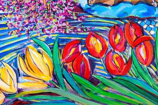 Vibrant multi-colored original acrylic painting on canvas close up detail showing brushwork and canvas textures. Red and yellow flowers.
