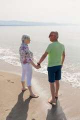 coppia di anziani coniugi si tengono affettuosamente per mano vicino  alla riva in una spiaggia 