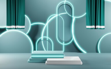3D render of Podium background in blue tones for displaying cream products. cosmetics