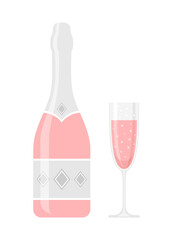 Bottle and glass of rose champagne or sparkling wine isolated on white background. Vector illustration in flat style