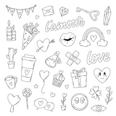 set of hand drawn Valentine's day doodles for prints, cards, stickers, coloring pages, icons, scrapbooking, holiday decor, etc. EPS 10