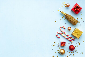 Christmas and New Year decoration baubles and gift boxes. Marry Christmas greeting card background