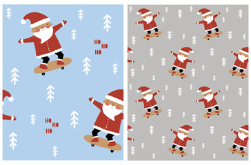 Santa Skateboarding. Hand Drawn Xmas Seamless Vector Patterns with Happy Santa Claus Riding on a Skateboard and Handwritten 