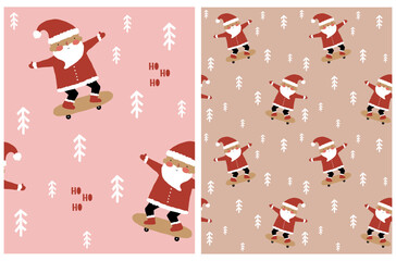 Santa Skateboarding.Hand Drawn Xmas Seamless Vector Patterns with Happy Santa Claus Riding on a Skateboard and Handwritten 