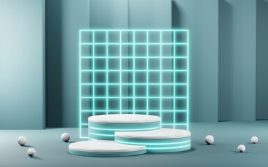 Fototapeta na wymiar 3D render of Podium background in blue tones for displaying cream products. cosmetics