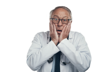 PNG shot of an elderly male doctor in a studio against a grey background