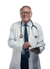 PNG shot of an elderly male doctor using a digital tablet in a studio against a grey background