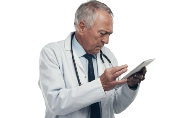 PNG shot of an elderly doctor using a digital tablet in a studio against a grey background