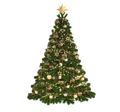 3D Render : Christmas tree decorating with gold theme ornament on the white background, PNG transparent for graphic resources