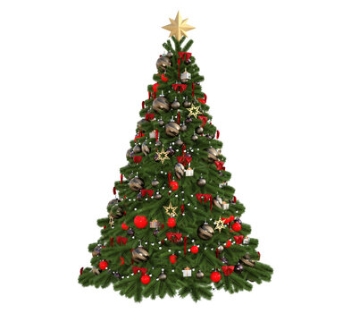 3D Render : Christmas tree decorating with red and gold theme ornament on the white background, PNG transparent for graphic resources