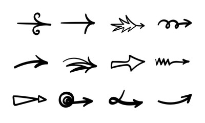 Arrows set. Hand drawn direction indicator elements. Simple doodle pointers for interface design, cursors right.Isolated.Vector illustration