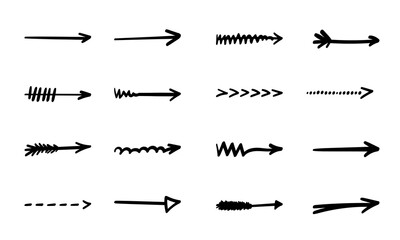 Arrows set. Hand drawn direction indicator elements. Simple doodle pointers for interface design, cursors right.Isolated.Vector illustration