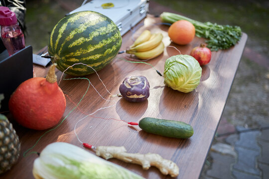 vegetables and fruits - musical instruments. vegetables and fruits are connected by wires. The microcontroller converts the keys to sound with some fruit.
