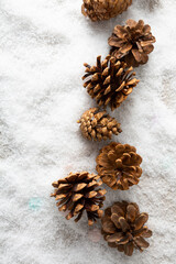 Winter holiday background with decor pine cones and snow  top view copy space