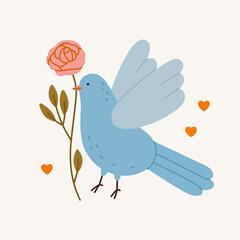 Hand-drawn blue pigeon with rose and hearts. Wedding or valentine's day. Romantic print design.