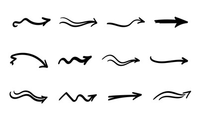 Fototapeta na wymiar Arrows set. Hand drawn direction indicator elements. Simple doodle pointers for interface design, cursors right.Isolated.Vector illustration