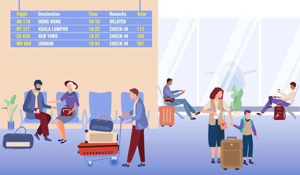 Group of character people together wait departure lounge, international airport terminal flat vector illustration, check in and delay flight.