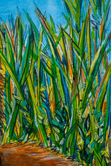 Vibrant multi-colored original acrylic painting on paper close up detail showing brushwork and  texture. Grass and leaves full frame.