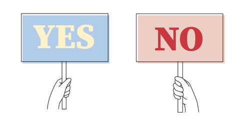 Hand holds posters yes and no,palm with placard.Showing social message Demonstration of opinion human rights,peaceful protest blank template, democracy concept.Editable stroke.Isolated.Vector