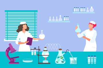 Research associate woman character hold scientific laboratory flask, service lab medical pharmaceutical drug flat vector illustration.