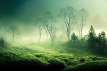Plakat Fairy spring forest with green fog in the morning. Vintage Style