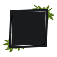 Black square shape with Christmas green branches, isolated object with copy space
