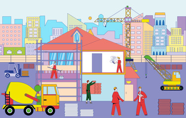 Obraz na płótnie Canvas Global construction site place, professional house builder technique structure apartment block line flat vector illustration, cityscape view.
