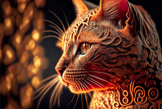 Ginger fictional cat in black lace, bokeh background, beautiful lace red cat, greetings, card, illustration, digital