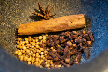 Spice mix in mortar and pestle 