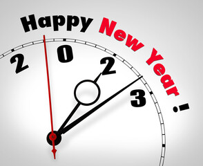 White clock with words Happy New Year 2023