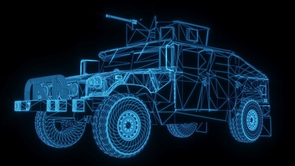 Fototapeta na wymiar 3D rendering illustration military truck blueprint glowing neon hologram futuristic show technology security for premium product business finance 