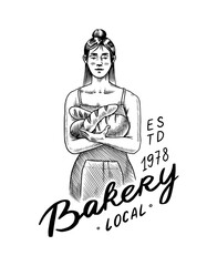 Culinary boss or chef. Hot brick oven. Engraved hand drawn in old sketch and vintage style for label, logo and menu, shop.