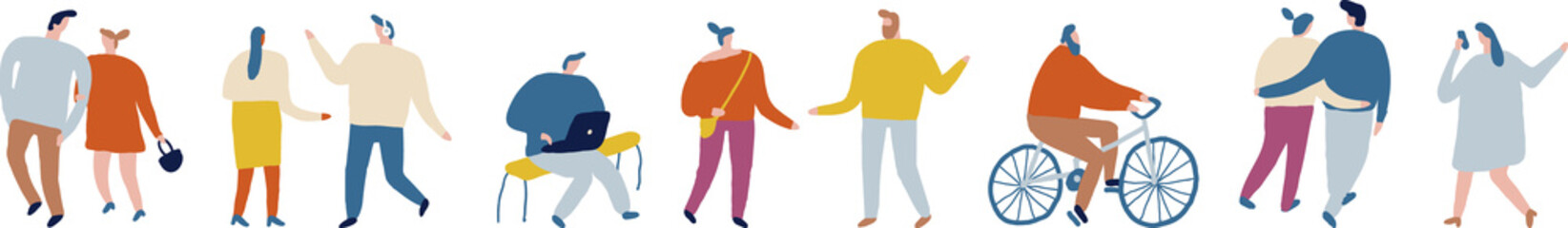 People silhouette horizontal banner. Men and women outdoor street flat characters 