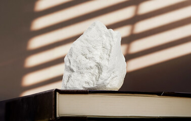 A large piece of edible chalk stands on a book against a wall background