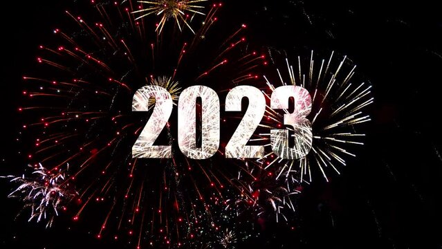 Happy New Year 2023 seasonal background illumination, fireworks in midnight sky. Firework sparkler banner, 4K video