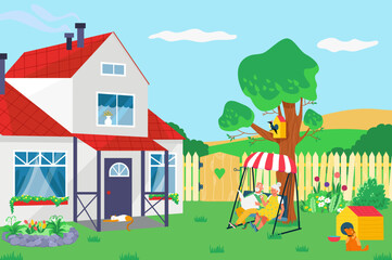 Obraz na płótnie Canvas Elderly couple relax outdoor country house, lovely romantic grandma and grandpa rest in garden flat vector illustration, cozy old age.