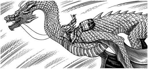 Character man sitting on a dragon. Mythological animal or traditional reptile. Symbol for tattoo or label. Engraved hand drawn line art old monochrome sketch, ink. Vector illustration. 