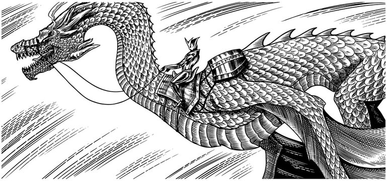 Character man sitting on a dragon. Mythological animal or traditional reptile. Symbol for tattoo or label. Engraved hand drawn line art old monochrome sketch, ink. Vector illustration. 