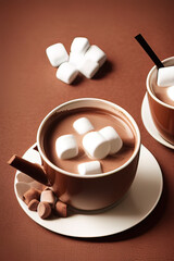 Fototapeta na wymiar two cups of hot chocolate topped with marshmallows