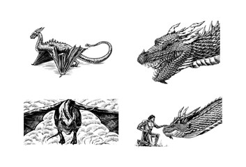 Dragon in Vintage style. Mythological animal or traditional reptile. Symbol for tattoo or label. Engraved hand drawn line art old monochrome sketch, ink. Vector illustration. 