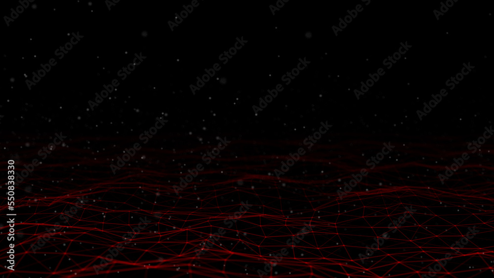 Poster Wave of digital particles on a black background. Abstract interlacing lines and points. Digital connection of elements. Simulation of the movement of small particles. 3D rendering.