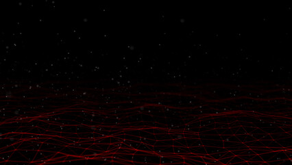 Wave of digital particles on a black background. Abstract interlacing lines and points. Digital connection of elements. Simulation of the movement of small particles. 3D rendering.
