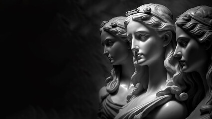 Illustration of a Renaissance marble statue of Moirai, Goddesses of Fate. Moirai in Greek mythology is known as Parcae in Roman mythology. - obrazy, fototapety, plakaty