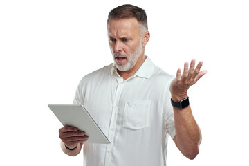 PNG studio shot of a mature man looking confused while using a digital tablet against a grey background
