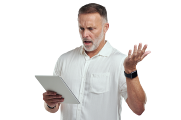 PNG studio shot of a mature man looking confused while using a digital tablet against a grey background