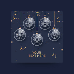 New Year card. Christmas tree with balls and ornaments